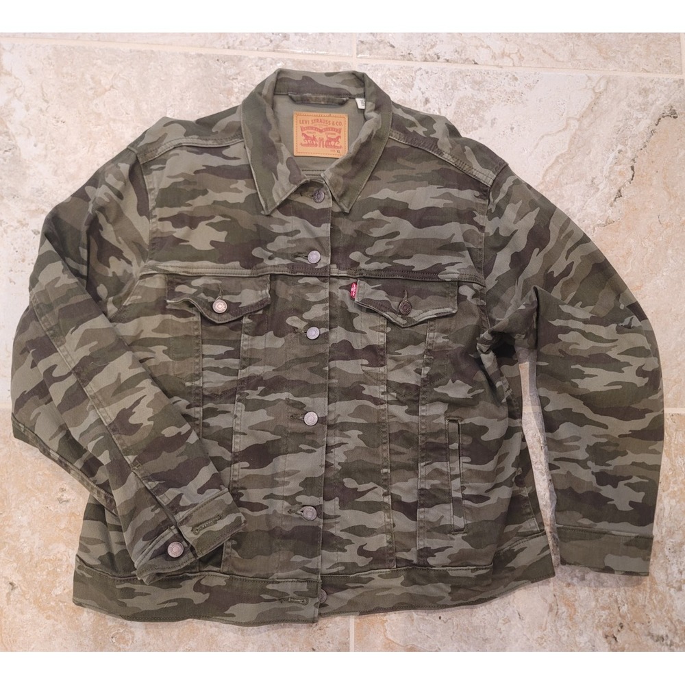 Women's Levi's Dark Camouflage Ex-Boyfriend Cotton Denim Jean Trucker Jacket XL